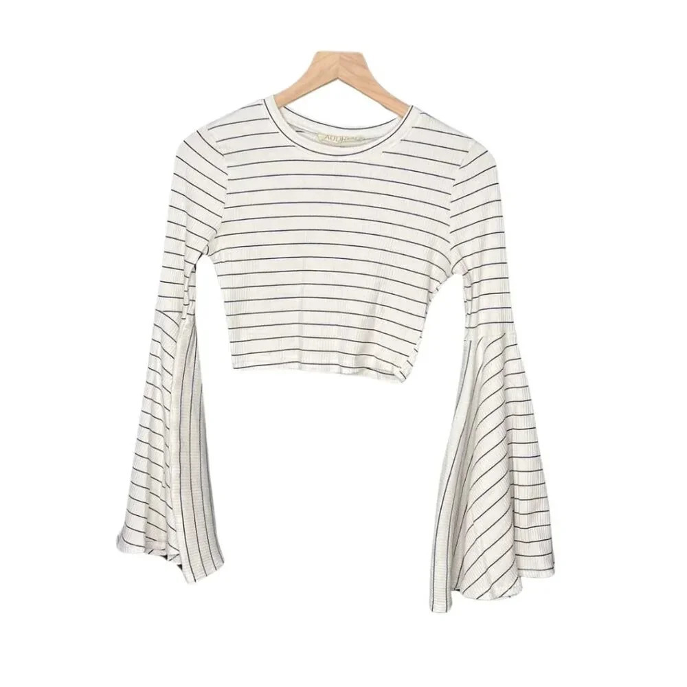 Audrey 3+1 Stripe Bell Long Sleeve Crop Top Nautical Size M